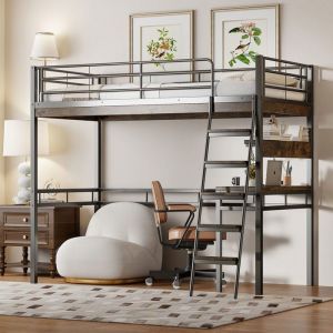 Lit mezzanine enfant 90x200 cm avec bureau lit mezzanine avec étagère garde-corps échelle cadre de lit métal noir