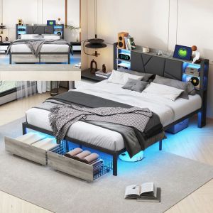 Lit coffre 160x200 CM avec 2 tiroirs - Lit double avec &eacute;clairage LED et ports USB - Lit en m&eacute;tal et bois - cadre de lit - noir PU
