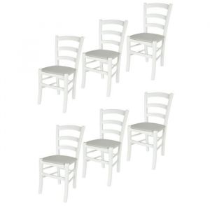 Tommychairs - Set 6 chaises cuisine VENEZIA structure en bois de hêtre laqué en blanc assise en tissu couleur blanc dhuitre