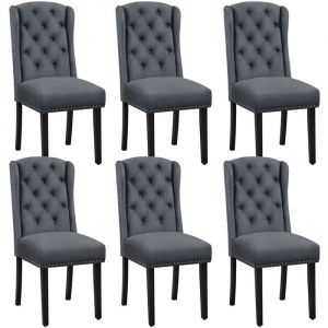 Yaheetech Lot de 6 Chaises de Salle &agrave; Manger en Tissu &Eacute;ponge Design Classique Boutonn&eacute; avec Pieds en Bois Massif Gris Profond