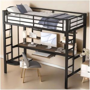 Lit mezzanine - 1 place - Avec bureau et étagères - Métal - Noir - 90x200