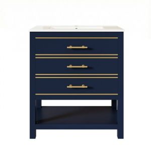 Meuble vasque salle de bain ind&eacute;pendant 2 tiroirs noir MDF laqu&eacute;76x46.5x86cm avec vasque c&eacute;ramique poign&eacute;es dor&eacute;es sans robinetterie