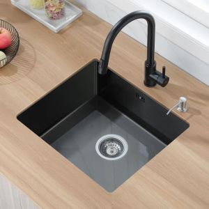 Auralum &Eacute;vier 1 Bac 50x43x19CM &Eacute;vier sous plan en Acier Inox &Eacute;vier Cuisine Noir avec Distrubuteur de savon et Ensemble de drainage