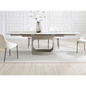 Table &agrave; manger extensible 6 &agrave; 10 personnes en c&eacute;ramique verre tremp&eacute; et m&eacute;tal taupe - Effet marbre blanc - DAVULO de Maison C&eacute;phy