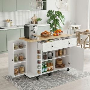 &Icirc;lot de Cuisine Central 120cm - Desserte &agrave; Roulettes Extensible - 2 Tiroirs Porte-&Eacute;pices & Range-Bouteilles - Plateau Bois - Blanc