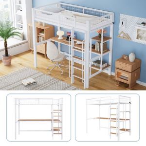 Lit Mezzanine 90x200cm S&eacute;curis&eacute; EN747 avec Bureau & &Eacute;tag&egrave;res - Escalier avec Rampe - Structure M&eacute;tal Renforc&eacute;e 120kg - Blanc