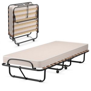 GOPLUS Lit Pliant 190x80x37CM avec Matelas en Mémoire de Forme-Charge 120KG-Cadre en Acier/15 Lattes/4 Roulettes Universelles-Beige