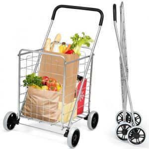 Chariot de Courses Pliable COSTWAY-83L-Caddie de Courses Structure en Métal Anti-Rouille-Monte Escalier-Capacité de 45 KG-Argent