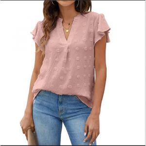 Chemisier uni femme Chic ROSE été manches courtes col V grande taille Tunique blouse coton T-shirt décontracté printemps pas cher