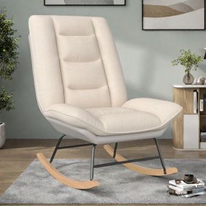 Fauteuil &agrave; bascule avec Dossier r&eacute;glable - Chaise Relaxante - Rocking Chair - Pieds en M&eacute;tal et en Bois Massif - Tissu en Lin