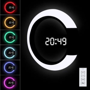 Horloge murale numérique LED avec télécommande alimentée par USB Température 12/24 heures 3 luminosité 7 couleurs RVB