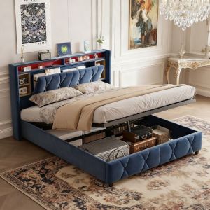 Lit coffre 140x190 - POCKETPOP - Velours gris - T&ecirc;te de lit avec led et usb - Cadre de Lit avec Sommier &agrave; Lattes en Bois - 2 places