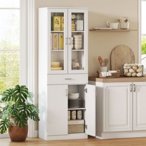 Buffet haut cuisine armoire de cuisine 4 portes dont 2 en verre tiroirs &eacute;tag&egrave;res r&eacute;glables 60x35x180cm blanc