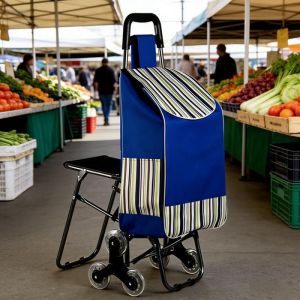 DESSERTE DE CUISINE Chariot de march&eacute; avec si&egrave;ge int&eacute;gr&eacute; et double panier en m&eacute;tal durable pour transport de courses lourdes