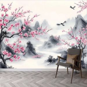 Papier Peint Panoramique Fleurs de Cerisier Papier Peint Intissé Paysage Japonais Poster Mural 3D Art Décoration Murale 400x280cm