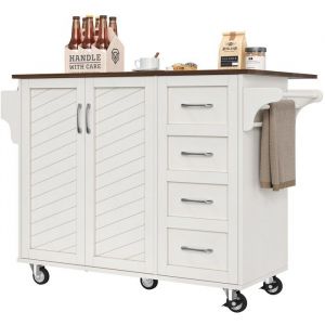 Ilot Central Chariot Cuisine Blanc Buffet - Porte Rayures Obliques &Eacute;tag&egrave;res R&eacute;glables Plateau Bois - Id&eacute;al Rangement & Repas