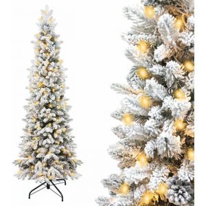 Sapin de No&euml;l Artificiel 180 cm avec LED Lumineux Arbre Slim Realiste Enneig&eacute; Blanc 766 Branches pour D&eacute;coration Int&eacute;rieure F&ecirc;te