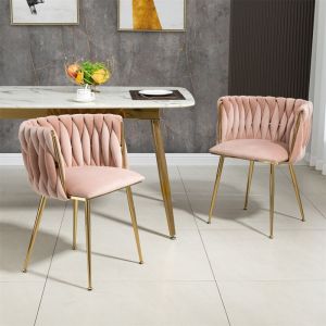 Fauteuil pour Salon Chambre Coiffeuse Chaise Salle a Manger en Velour Lot de 2 Pieds Métalliques Dorés Tissé à Main Rose