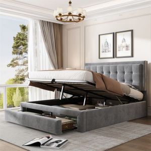 Lit coffre 140x190 cm - Moderne - Velours gris - Tête de lit réglable - 2 tiroirs de rangement - 2 places