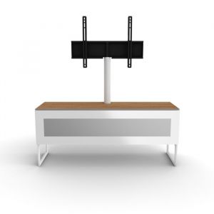 WOODFORD - Meuble TV bois clair avec porte en verre infrarouge blanche et colonne TV rotative blanche +/-24