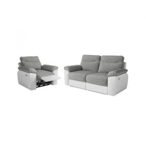 PACK - Canap&eacute; de relaxation ROSS &eacute;lectrique 3 places et fauteuil en tissu et simili - Blanc/Gris