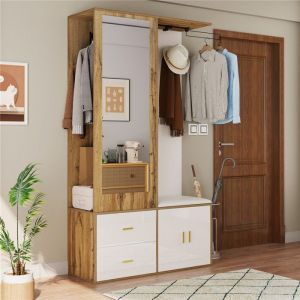Vestiaire Dentr&eacute;e avec Banc Capitonn&eacute; et Miroir Meuble Entree avec Penderie Crochet Portant Extensible Tiroirs Blanc Brillant