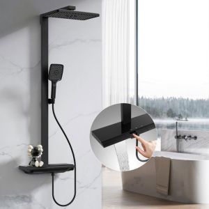 Colonne de Douche Thermostatique 40°C Kit de Douche 3 Fonctions avec Sortie en Cascade et Étagère de Rangement Ensemble de Douche