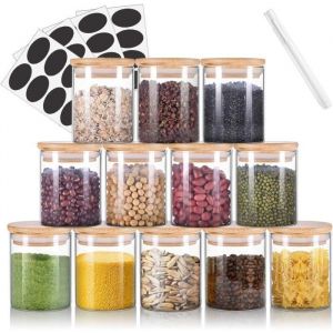 200ml Bocaux &agrave; &Eacute;pices Ensemble de 12 Pots &agrave; &Eacute;pices en Verre Circulaire avec Couvercle en Bambou pour le Rangement D&eacute;pices Id&eacute;al