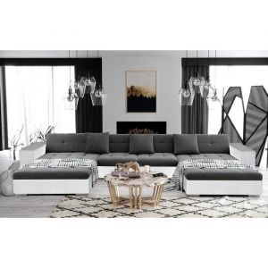 ANIXE - Canap&eacute; dangle panoramique XXL en U - en Tissu et simili (gris fonc&eacute; et blanc)