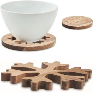 Lot de 2 dessous de plat en bois dacacia naturel design flocon de neige pour hiver No&euml;l fondue cuisson DESSOUS DE VERRE