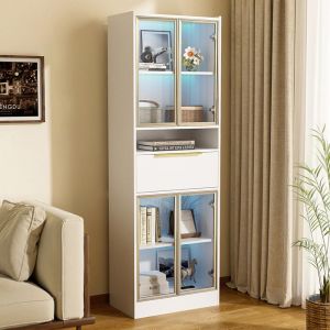 Armoire haute Moderne 60x35x180cm avec LED Bluetooth vitrine verre et tiroir