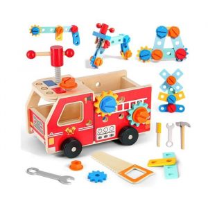 Jouet Enfant 2 Ans Jouet en Bois Camion Pompier avec Boite &agrave; Outils Enfant 32 Pi&egrave;ces Jeux Caisse &agrave; Outils DIY Cadeau 2 3 4 Ans