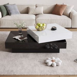 LEYTN - Table basse brillance 103 x 60 x 355 cm - Design minimaliste moderne table basse double couche pivotante - noir + blanc