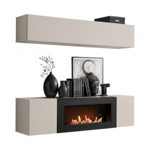 Composition murale FLY cachemire avec colonne suspendue horizontale et meuble TV chemin&eacute;e bio-&eacute;thanol