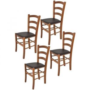 Tommychairs - Set 4 chaises cuisine VENICE structure en bois de h&ecirc;tre peindr&eacute; en noyer clair et assise en cuir artificiel moka