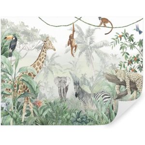 Papier Peint Chambre Enfant 250x175 cm style Jungle Tropiques avec Girafe Zèbre Éléphant Léopard pour Garçon Fille Papier Peint