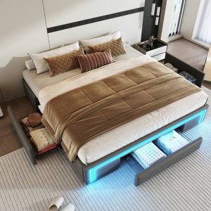 Lit coffre 180 x 200 cm structure de lit avec 3 tiroirs et éclairage LED lit plateforme à lattes métalliques en cuir PU gris
