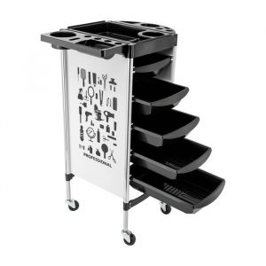 Chariot de Coiffure Pliable Blanc & Noir - avec 5 tiroirs rétractables - Trolley de Materiel pour Salon de Coiffure - Pour Styliste