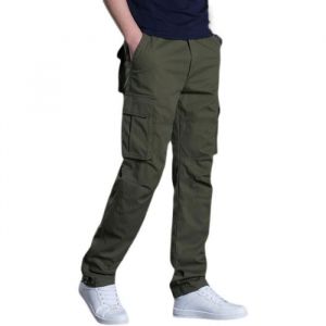 Pantalon Cargo Homme Regular Droit Multipoches Taille Elastique Pantalon de Travail en Coton Couleur Unie - Vert militaire