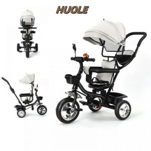 Poussette - Tricycle pour b&eacute;b&eacute; 4 en 1 gris clair avec sonnette et r&eacute;troviseur - Capote pare-soleil &agrave; trois positions.