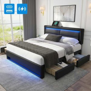 Lit 140x190 cm avec 4 tiroirs Lit adulte 140x190 cm avec LED - Ports de recharge (filaire & sans fil) - Tissu en similicuir - Noir