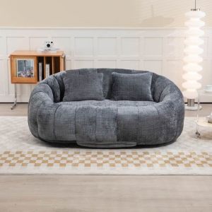 Canap&eacute; pouf 2 places Lazy 150&times;95&times;63 cm en chenille gris avec 2 coussins mousse &agrave; m&eacute;moire