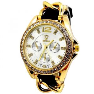 MONTRE FEMME CUIR ET ACIER NOIR OR FINE BIJOUX STRASS FASHION ID&Eacute;E CADEAU BELLOS