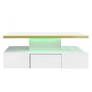 Table basse table à tiroirs finition laquée brillante table dappoint avec deux niveaux de rangement avec éclairage LED Blanc