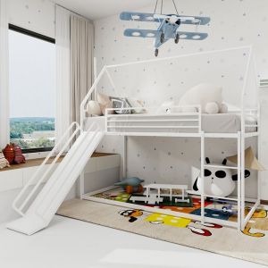 Lit superposé Twin Twin enfant avec toboggan forme maison échelle montage facile sans sommier Blanc