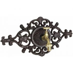 Fontaine de Charme Murale Source en Fonte Patinée Marron Robinet Laiton Doré 105x19x35cm 19