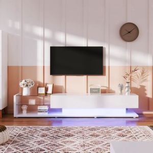 Meuble TV - Meuble Tele Cloisons en verre blanc brillant et éclairage LED variable blanc