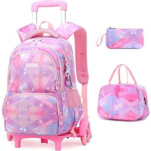 3pcs Cartable Scolaire à roulettes Filles Trolley Enfant Fille Sac à Dos roulettes Filles Primaire Sac Cabine Voyage Fille Rose