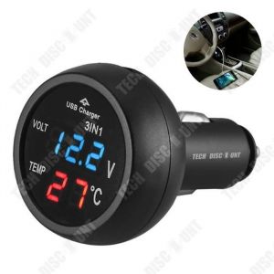 Chargeur USB de voiture - TD&reg; - Voltm&egrave;tre et thermom&egrave;tre - 12-24V - Affichage num&eacute;rique - Noir