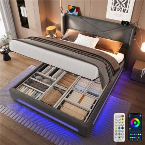Lit coffre 160x200 avec sommier LED et USB 2 lampe de chevet tete de lit lattes lit adulte 2 personnes rangements velours gris